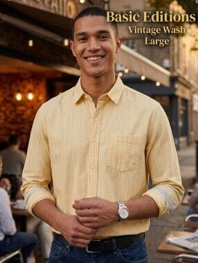 3/$25 Vintage Wash Coastal Casual Yellow Blue Striped Button Up Preppy